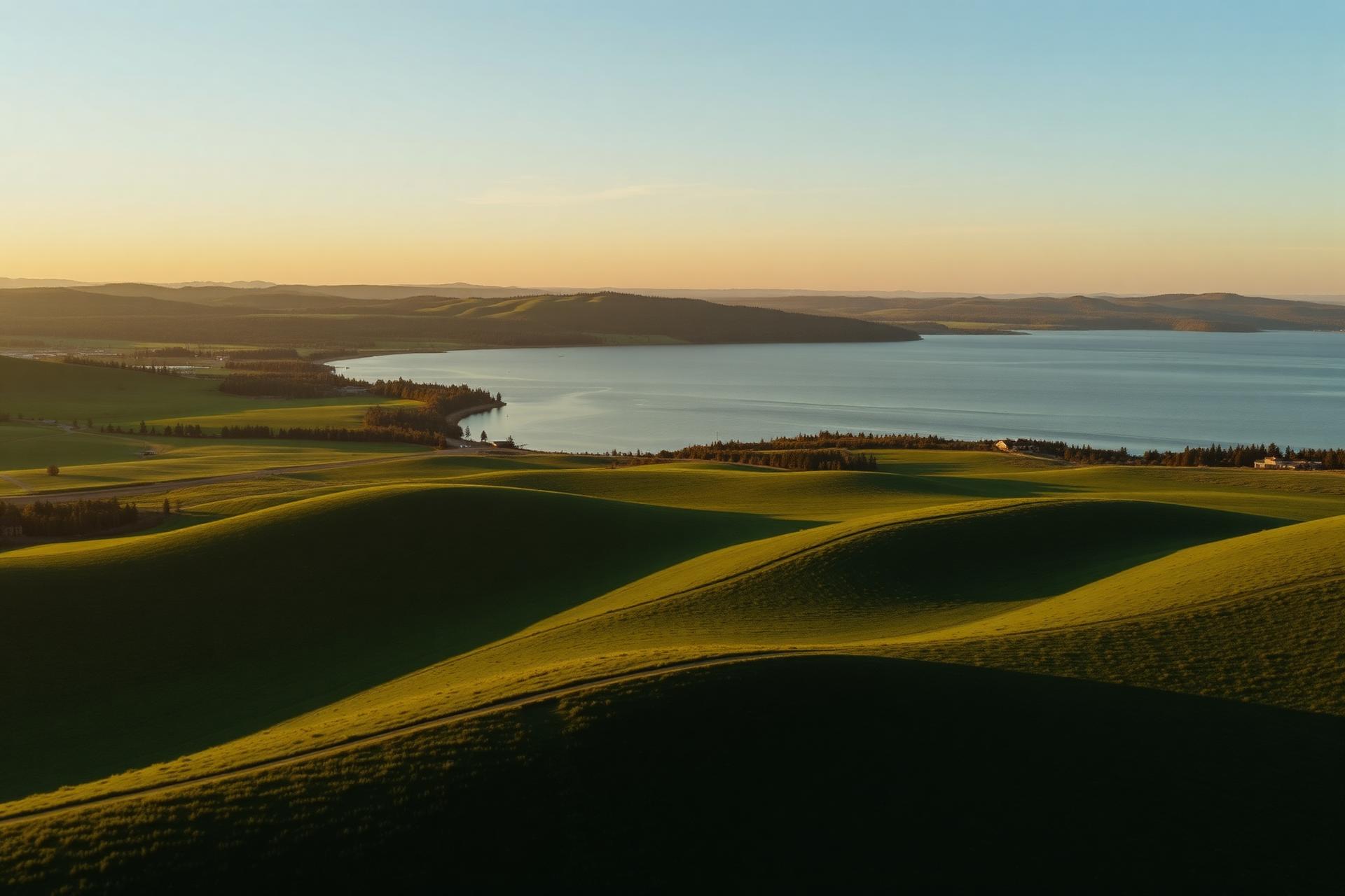 Aerial view of rolling green hills meeting a quiet lake at golden hour